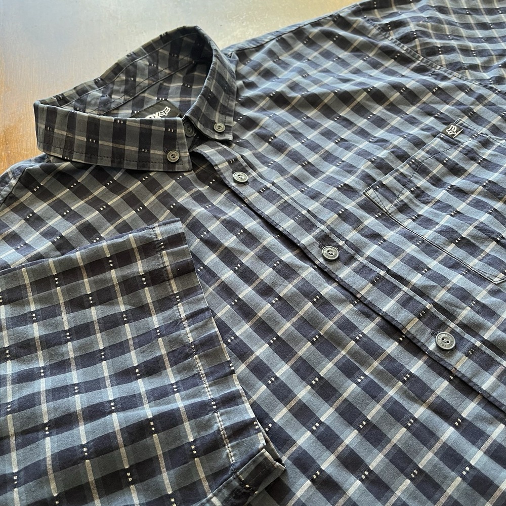 Fox Racing Mens L Button Shirt Short Sleeve Casual Motocross Blue Plaid Cotton